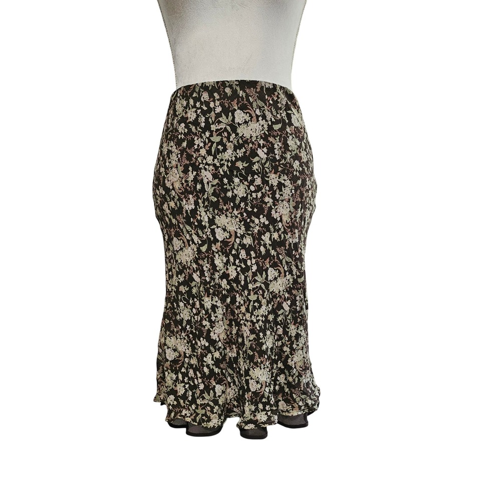 Vintage 90s Jones Wear 100% Silk Brown Floral Skirt Size 6 Earthy Forest Fairy